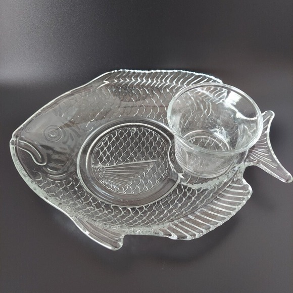 VTG Glass Plates Etched Tapas Appetizer Party Fish Set Shrimp Cocktail Tuscany - Picture 2 of 16
